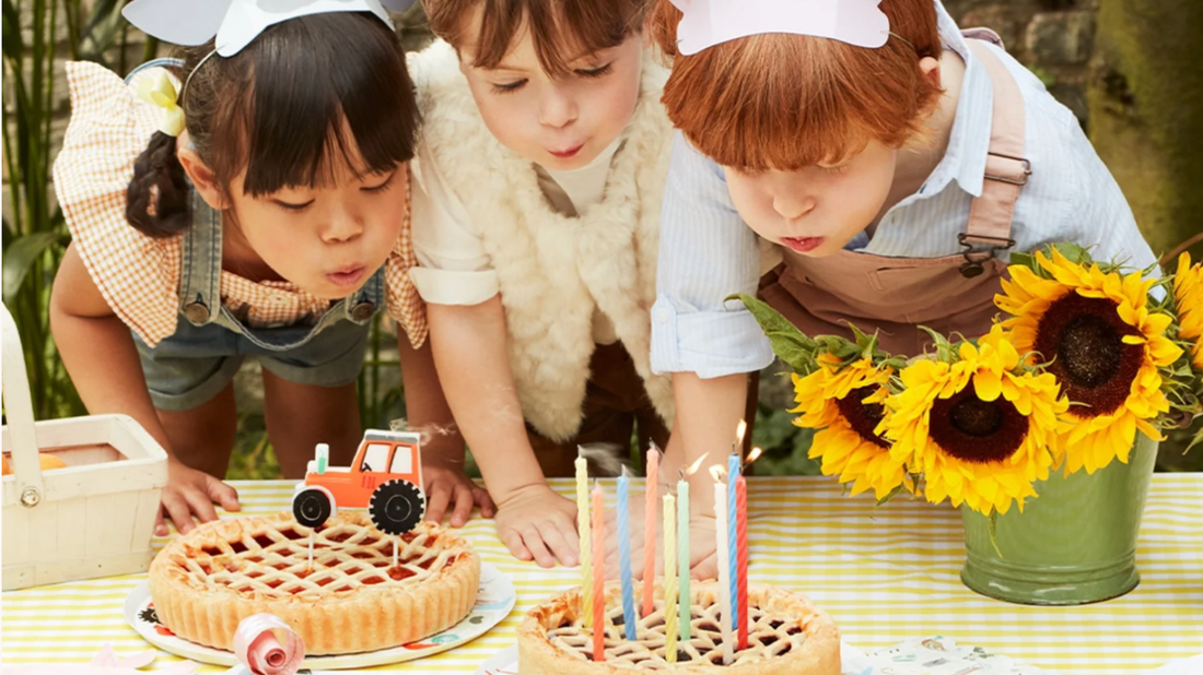Assortment of sustainable children's party favours and decorations from Meri Meri and Cotton Twist.